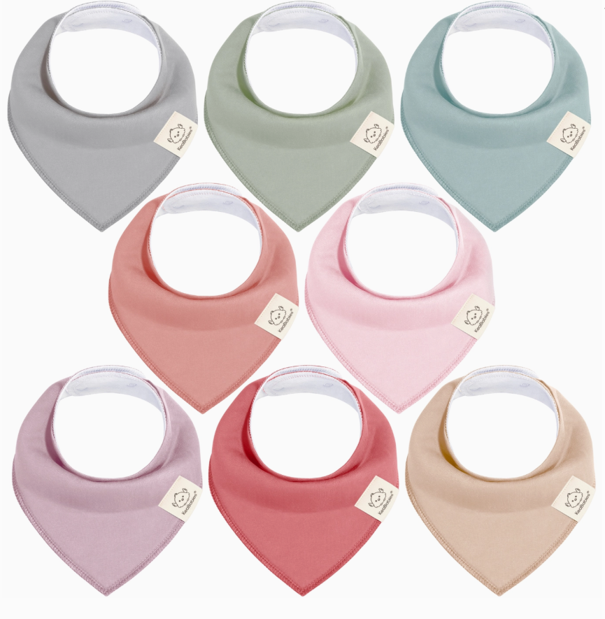 Eight KeaBabies Muted Pastel Baby Bandana Bibs, each featuring a side logo tag, are displayed in three rows. The set includes solid gray, green, blue, two pinks, red, mauve, and peach bibs.