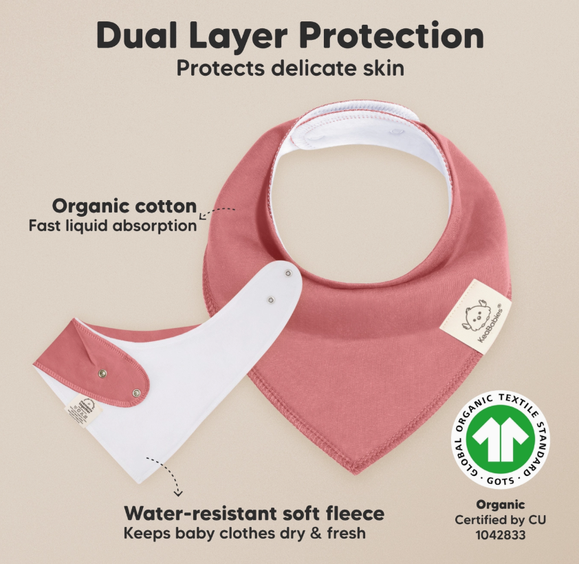The keababies 8-pack Baby Bandana Bibs in Muted Pastel are shown in pink with a white inner lining. Labels highlight their GOTS-certified organic cotton for fast absorption and a water-resistant, soft fleece layer.