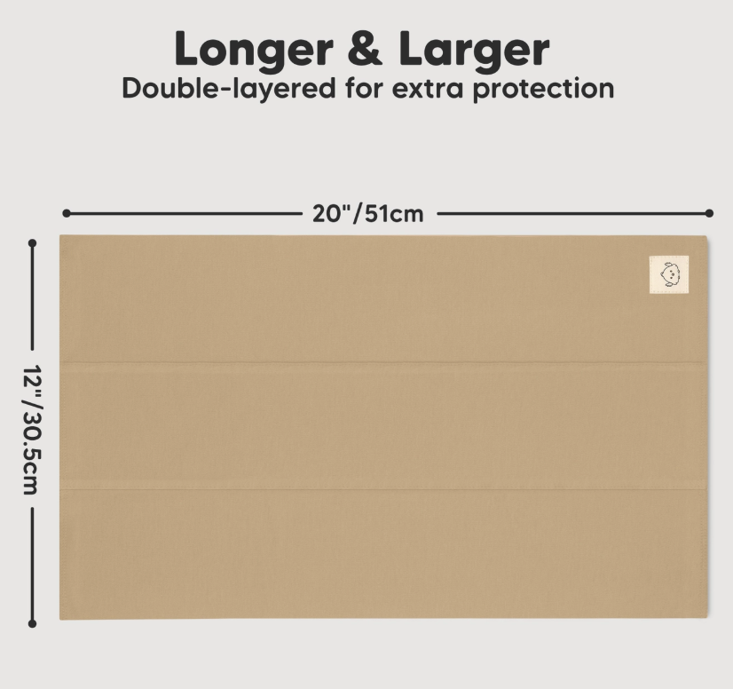 A keababies 6-Pack Shea Burp Cloths in Terracotta is displayed, each rectangular cloth measuring 20" x 12". Text above says “Longer & Larger, Double-layered for extra protection.” The brand logo appears in the top right corner.