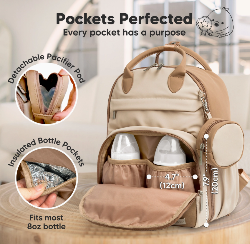 The keababies Diaper Bag Backpack, Baby Bag with Changing Pad is shown in beige with open compartments displaying insulated 8oz bottle pockets, a detachable pacifier pod, and purposeful pocket design highlighted in text.