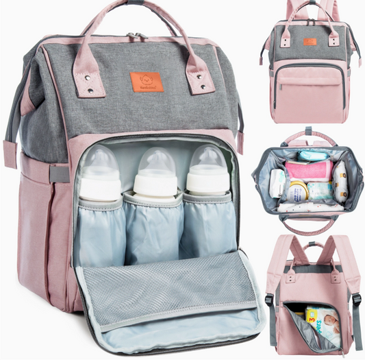 The keababies Diaper Bag Backpack - Pink Gray is displayed from multiple angles, featuring organized inner pockets and insulated bottle holders in the main compartment for bottles, diapers, wipes, and baby essentials.