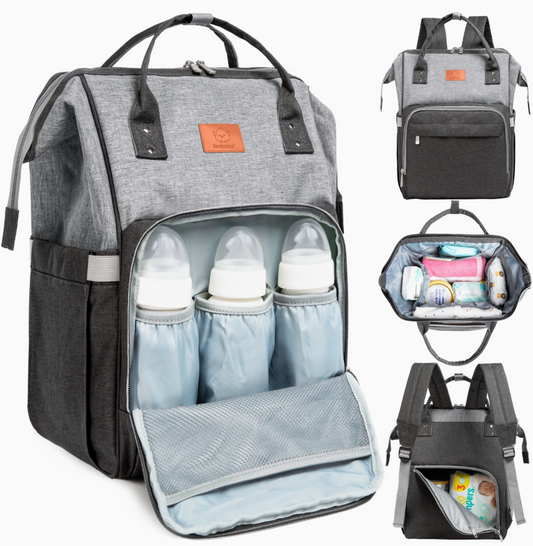 The keababies Diaper Bag Backpack - Graphite features multiple compartments, including a section for three baby bottles. Smaller images highlight the bag’s interior with baby items, plus views of the back and straps.