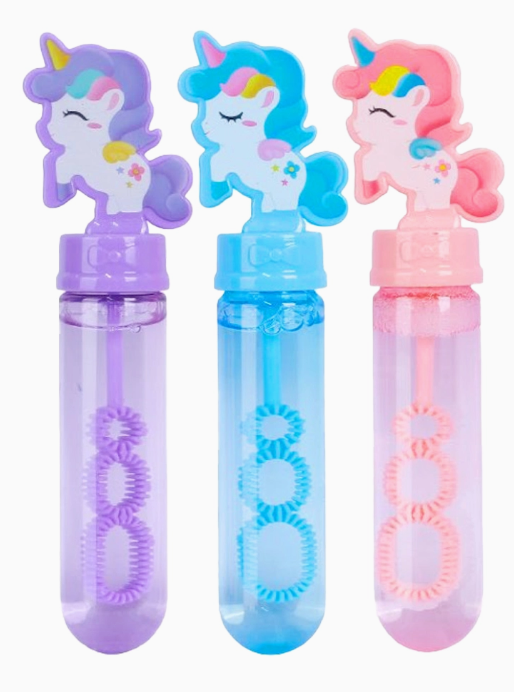 The Capzone Mini Unicorn Pony Stick Bubble Wand set includes three pastel-colored bubble wands, each with a matching unicorn-shaped cap in purple, blue, and pink. The wands and caps are perfectly color-coordinated.