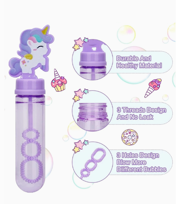 The Capzone Mini Unicorn Pony Stick Bubble Wand features a purple unicorn cap, leak-proof threaded design, and three bubble holes for extra bubbles. Includes illustrated stars, cupcakes, and cones for added fun.