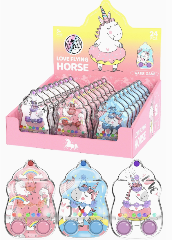A Toy Smith display box holds 24 Unicorn Baby Bottle Ring Toss Water Games. Three shown in pink, blue, and purple feature cartoon unicorns and have buttons with floating rings inside.