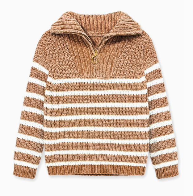 The Cutie Patootie Snuggle Belle Knit Pullover features brown and white horizontal stripes, a ribbed collar, half-zip front with a round gold zipper pull, and long sleeves.