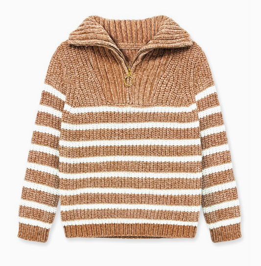 The Cutie Patootie Snuggle Belle Knit Pullover features brown and white horizontal stripes, a ribbed collar, half-zip front with a round gold zipper pull, and long sleeves.