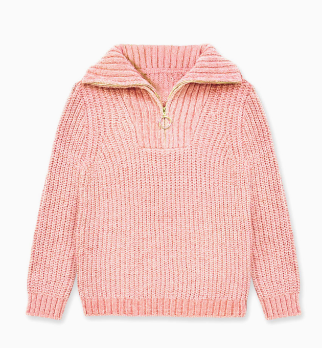 The Cutie Patootie Snuggle Belle Knit Pullover is a pink ribbed sweater with a wide collar, gold half-zip at the neckline, and ribbed cuffs at the sleeves and hem.