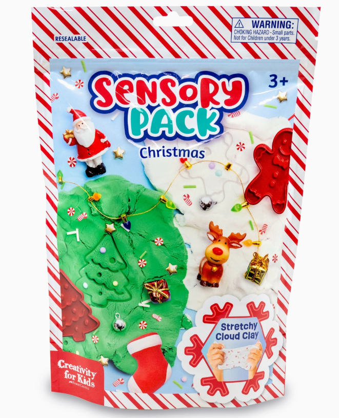 Creativity For Kids Sensory Pack Christmas Holiday Play Kit comes in a resealable bag for ages 3+, with stretch clay and festive illustrations of a tree, Santa, gingerbread, reindeer, present, stocking, warnings, and holiday decorations.