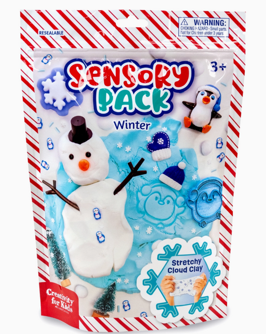 The Creativity For Kids Sensory Pack Winter and Holiday Play Kit is a resealable set for ages 3+, with stretchy cloud clay. The packaging features winter icons like a snowman, penguin, mittens, snowflakes, and a red and white striped border.