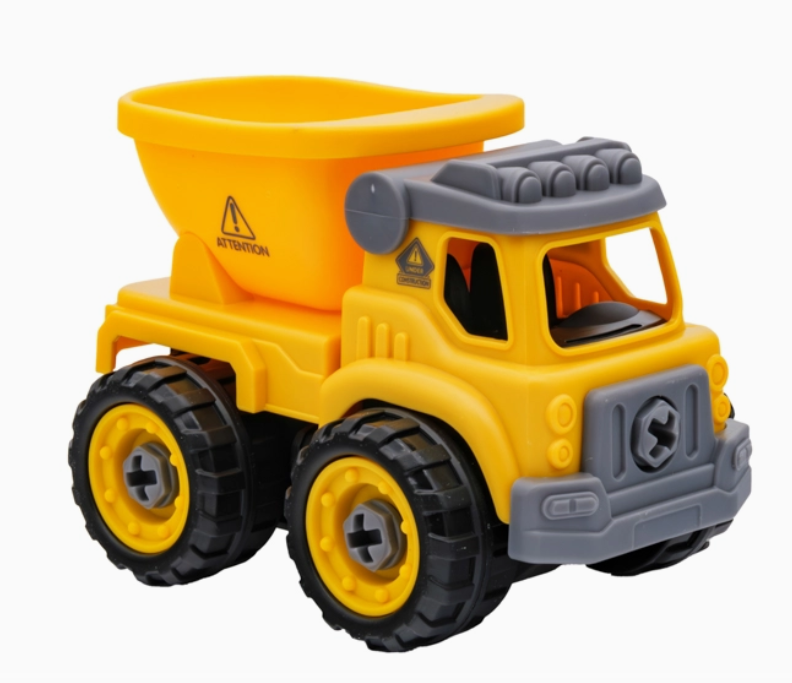 The Toy Smith Take Apart Construction Toy, a yellow and gray plastic dump truck with black wheels, is displayed on a white background.