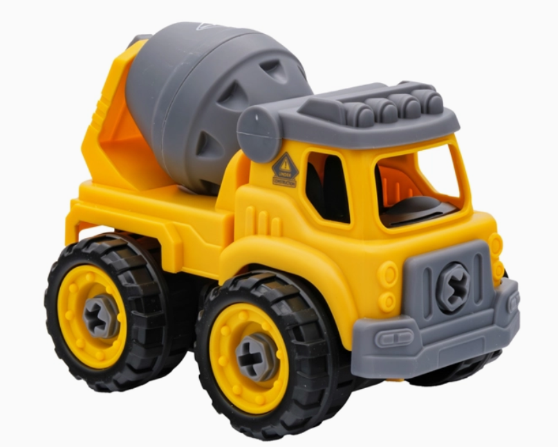 The Toy Smith Take Apart Construction Toy is a yellow and gray plastic cement mixer truck with large black wheels, shown angled on a white background.