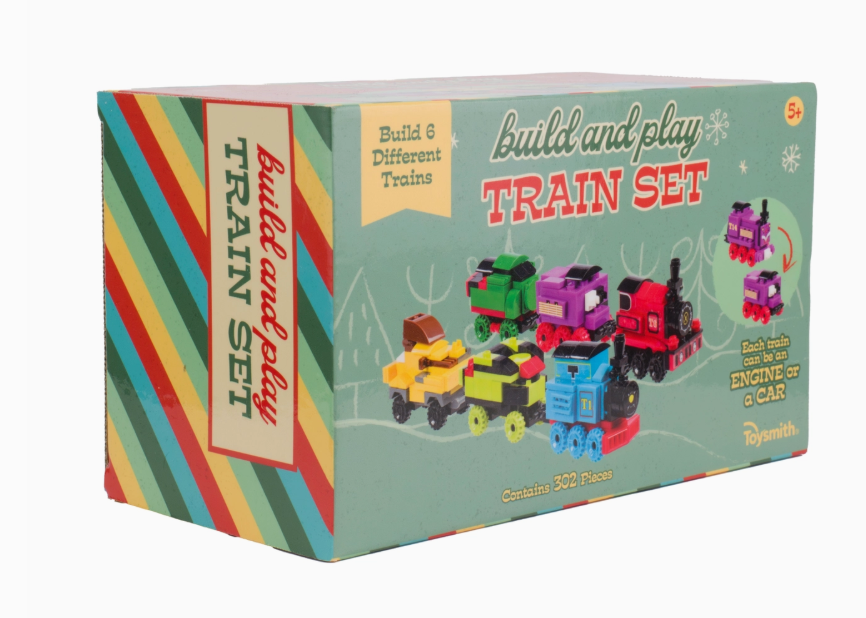 Toy Smith’s Build & Play Train Set box features colorful trains, advertises 6 buildable train models with 302 pieces, and is suitable for ages 5+.