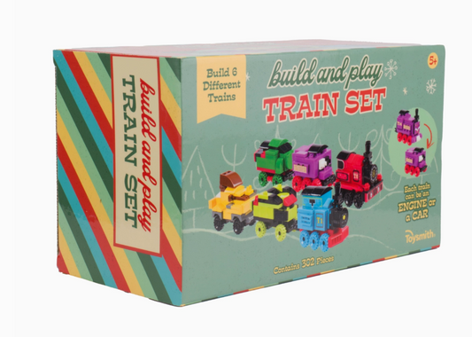 Toy Smith’s Build & Play Train Set box features colorful trains, advertises 6 buildable train models with 302 pieces, and is suitable for ages 5+.