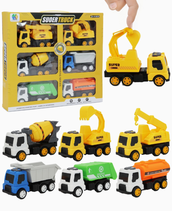The Capzone City Engineering Inertia Drifting Car Toy set includes six colorful vehicles: cement mixer, excavator, dump truck, recycling truck, crane, and more. A yellow excavator is held outside the box while four trucks are shown below the packaging.