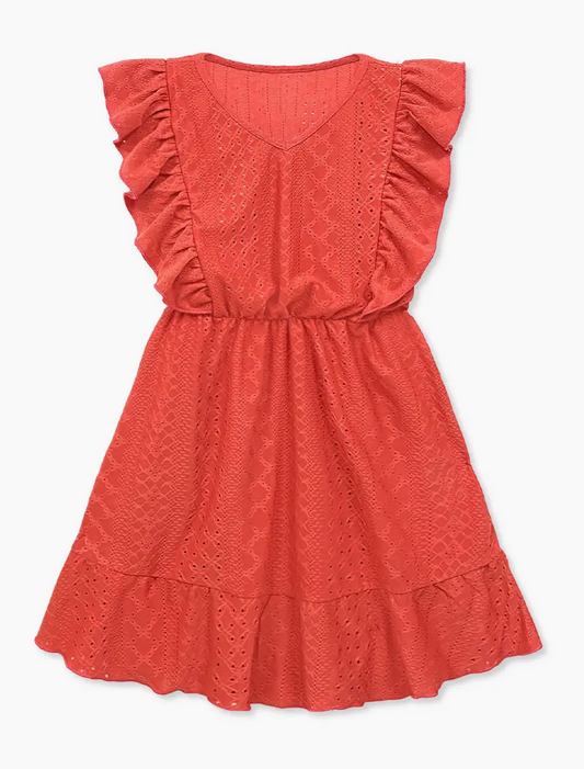 The Cutie Patootie Lace Rust Ruffle Dress features a sleeveless design, ruffled shoulders and hem, eyelet lace pattern, V-neckline, elastic waistband, and a knee-length A-line silhouette for a light, summery look.