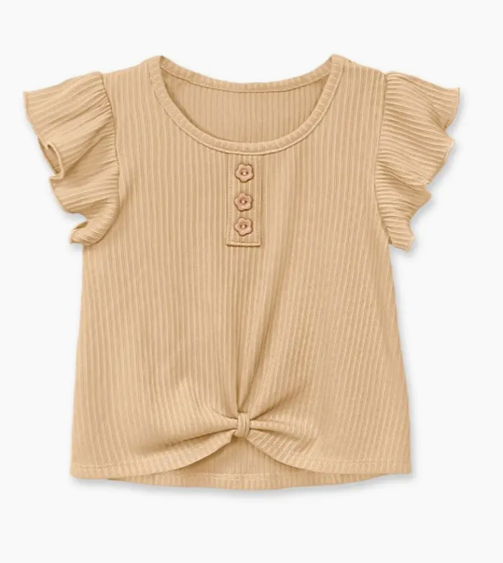The Layla Ruffle Top by Tiny Tot Bundles is a beige, ribbed short-sleeve kids' shirt with ruffled sleeves, a front knot hem, and three front buttons.