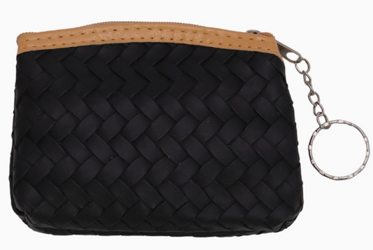 The Matte Leather Coin Purse by Tiny Tot Bundles is a small black pouch featuring a tan zipper and a metal keyring attached with a short chain.