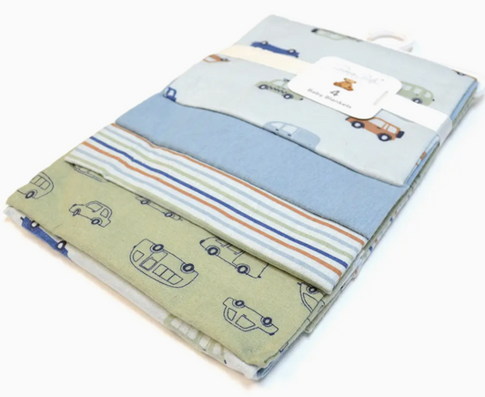 The Lollipop Dreams Little Roadster Blanket Set includes folded baby blankets in blue, green, and white with car and stripe patterns, all bundled together with a white paper label.
