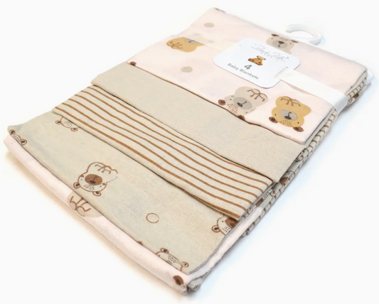 The Lollipop Dreams Bear Hugs Blanket Set includes four folded baby blankets in beige, cream, and light brown with teddy bear, stripe, and polka dot patterns, stacked together with a white label on top.