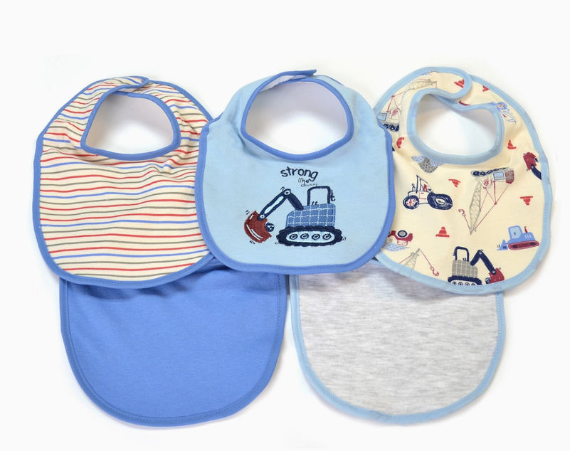 The Lollipop Dreams Mighty Machines Bib Set includes five baby bibs: solid blue and gray, colorful stripes, blue with an excavator and "strong," plus one patterned with vehicles and traffic cones.