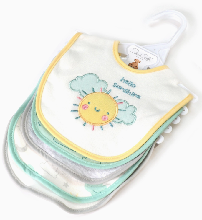 The Lollipop Dreams Hello Sunshine Bib Set includes a hanger with bibs, featuring an embroidered smiling sun, clouds, and "hello sunshine" in pastels on the top bib; other bibs have soft, simple patterns.