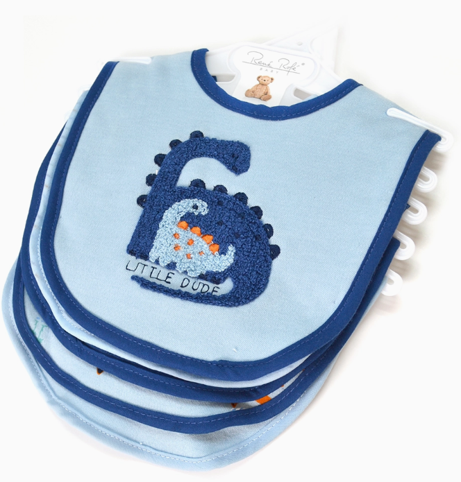 The Lollipop Dreams Little Dude Dino Bib Set features blue baby bibs with dark blue trim, an embroidered dinosaur and "LITTLE DUDE" on the front, all attached to a hanger with a small bear logo.