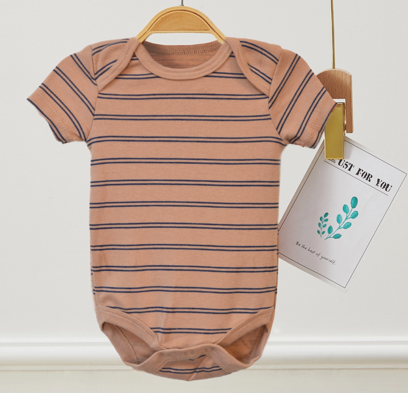 A short-sleeved, light brown "Mommy Hugs Bubble Trio" baby onesie by Lollipop Dreams with thin navy stripes hangs on a wooden hanger. A card with a green leaf design and text is attached to the hanger.
