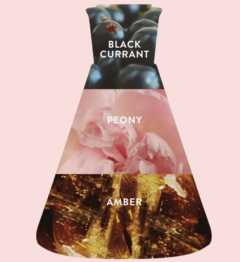 A dress-shaped collage in three parts: top with sparkling black currant, middle featuring pink peony for a floral touch, and bottom with amber crystals—perfectly capturing the scent of Good Chemistry’s Queen Bee Mini Body Mist.