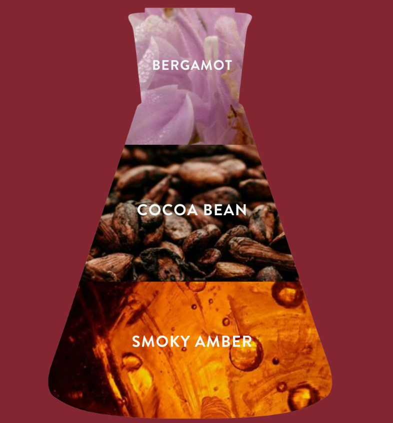 A flask-shaped graphic for Good Chemistry's Not That Vanilla Mini Body Mist: top shows bergamot petals for fragrance, middle has cocoa beans for scent, and bottom displays golden smoky amber. Each section is labeled.