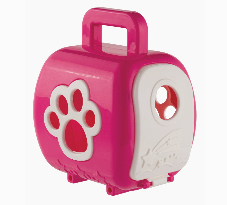The Toy Smith Farm Fresh Carry-Along Critters is a small pink and white plastic pet carrier toy with a top handle, large paw print on the side, and a round window—ideal for Bitty Buddies or other animal figurines.
