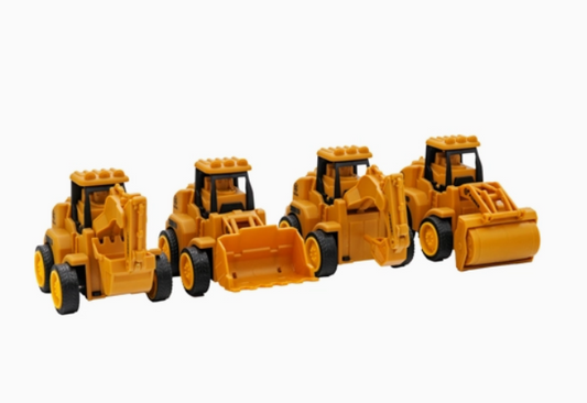 The Toy Smith Rollin' Construction Vehicles set includes four yellow toys—a jackhammer, front loader, excavator, and bulldozer—all with movable parts, lined up on a white background to inspire imaginative play.