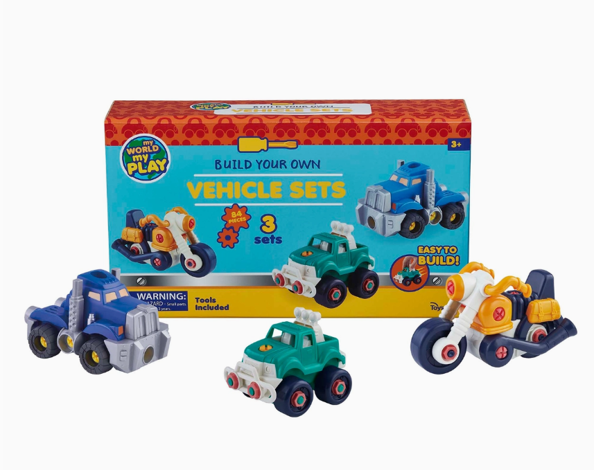 The Toy Smith Build Your Own Vehicle Set includes a blue truck, green truck, and yellow motorcycle made from nontoxic plastic—perfect for kids ages 3+ to build and play safely.