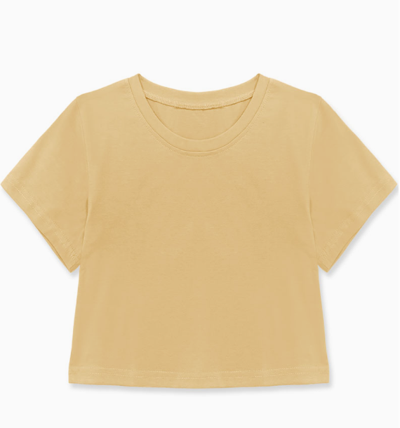 The Cutie Patootie Yellow Sporty Tee, a short-sleeve crop top in light yellow, is displayed laid flat on a white background.