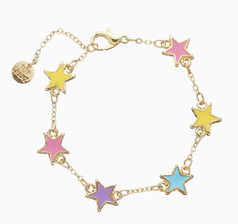 The Charm After Charm Bracelet by top trenz inc. is a gold chain with six star-shaped charms in pink, yellow, blue, and purple enamel, finished with a lobster clasp and a small round tag at the end.