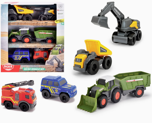 The Toy Smith Micro Truck City Team Vehicles Toy is a boxed set of six colorful vehicles—dump truck, excavator, fire truck, police SUV, tractor with loader, and green trailer truck—shown outside the packaging.