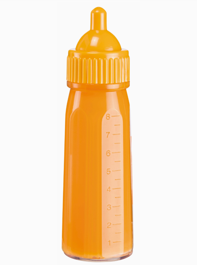 The Sweet Baby Large Magic Bottle Toy by Toy Smith is a bright orange bottle with a matching cap and nipple, marked with measurements along the side, shown upright against a white background.
