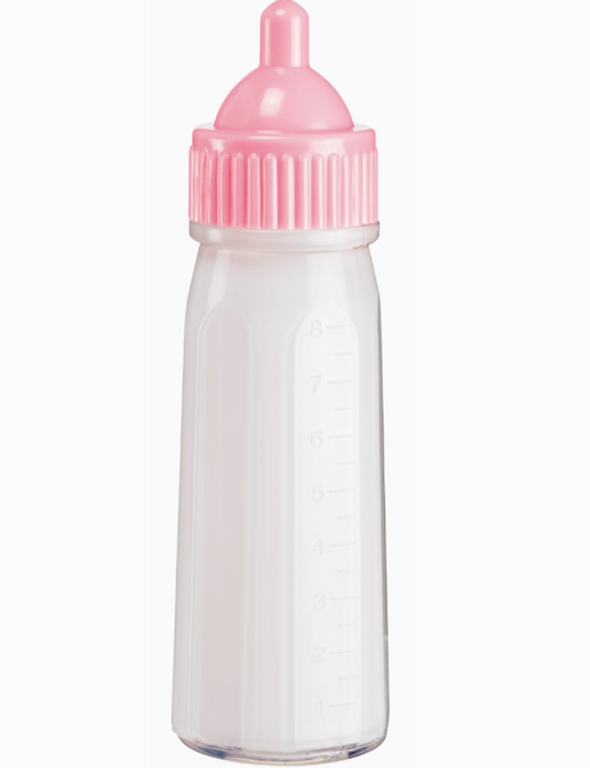 The Toy Smith Sweet Baby Large Magic Bottle Toy is a clear plastic baby bottle with measurement markings, a pink screw-on cap, and a silicone nipple.