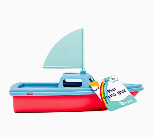 A Mini Vehicle Boat Toy by Toy Smith with a red base, blue top, and light blue sail. A rainbow-tag reads "Mini Vehicle Boat" and "Toy Smith." Shown on a white background.