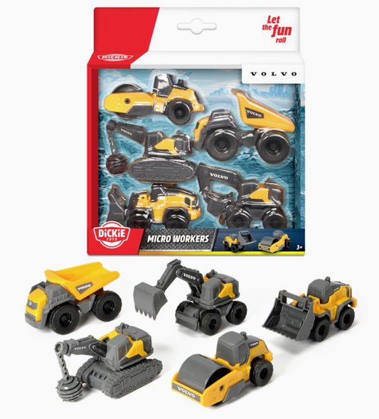 The Toy Smith Volvo Micro Construction Vehicles set includes five miniature yellow and gray vehicles—dump truck, excavator, roller, loader, and bulldozer—displayed in and outside branded packaging.