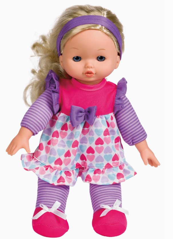 The Sweet Baby 12" Soft Bodied Doll by Tiny Tot Bundles features a blonde doll with a purple headband, pink and purple heart-patterned dress, striped sleeves, matching leggings, and pink shoes with white bows.