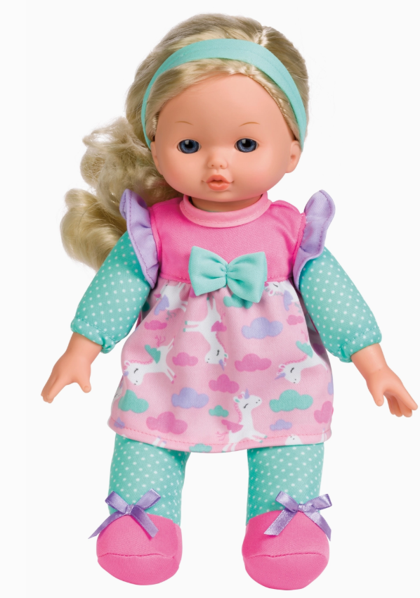 The Tiny Tot Bundles Sweet Baby 12" Soft Bodied Doll features blonde hair, a blue headband, a pink dress with a green bow and white animal and cloud print, teal polka-dot sleeves and leggings, plus pink shoes with purple bows.