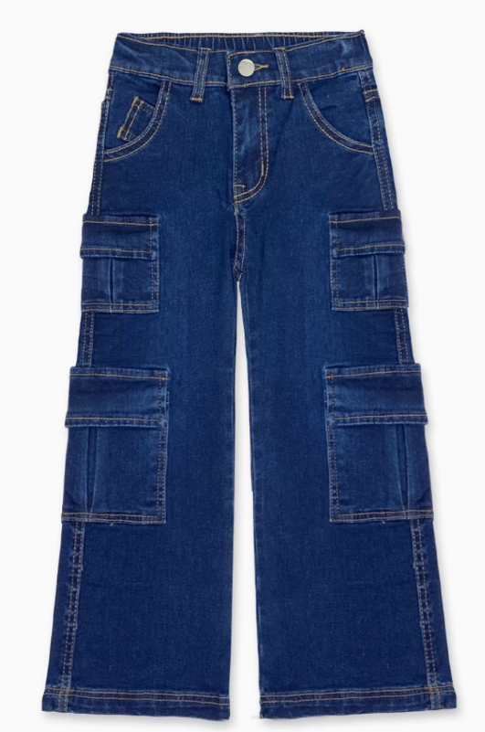 Cutie Patootie Girls Dark Denim Jeans feature wide legs, multiple large front and side pockets, contrast stitching, belt loops, and a button closure at the waistband.