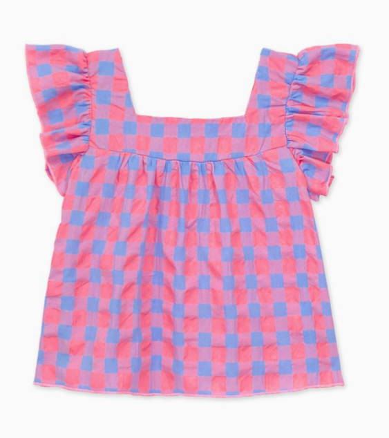 The Cutie Patootie Bubblegum Gingham Flutter Top is a short-sleeved, square-neck blouse with pink and purple checks and ruffled sleeves.