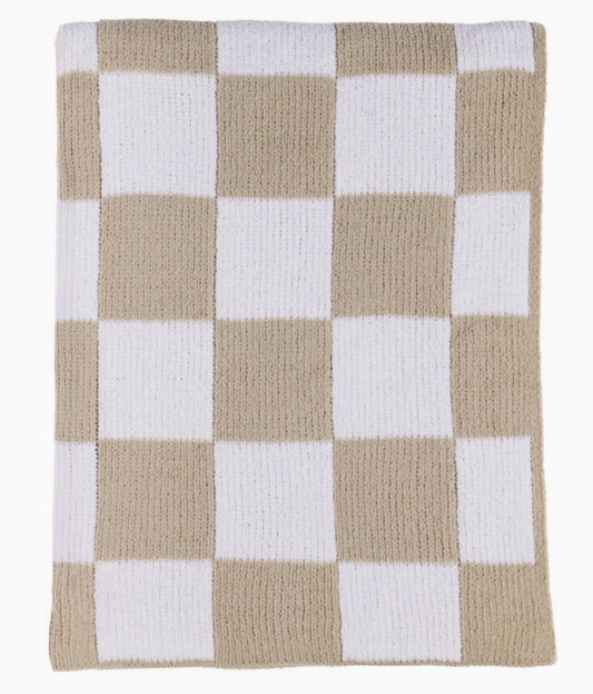 The living textiles Chenille Blanket - Taupe Check is a folded knitted blanket with a beige and white checkerboard pattern.