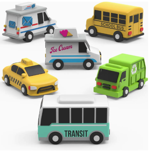 The Tiny Tot Bundles Tub Works® Vehicles™ Bath Cars Mold Free Bath Toys, 6 Pack, features a mail truck, school bus, ice cream truck, yellow taxi, green recycling truck, and white transit bus arranged on a white background.