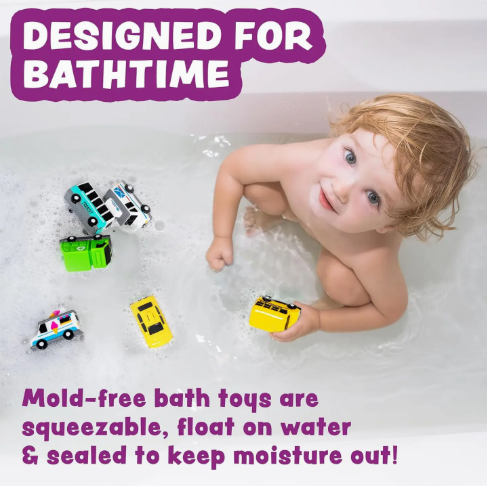 A young child enjoys bath time with Tub Works® Vehicles™ Bath Cars by Tiny Tot Bundles. These 6 mold-free, squeezable toys float and are sealed to keep moisture out—perfect for fun, worry-free play in the water.