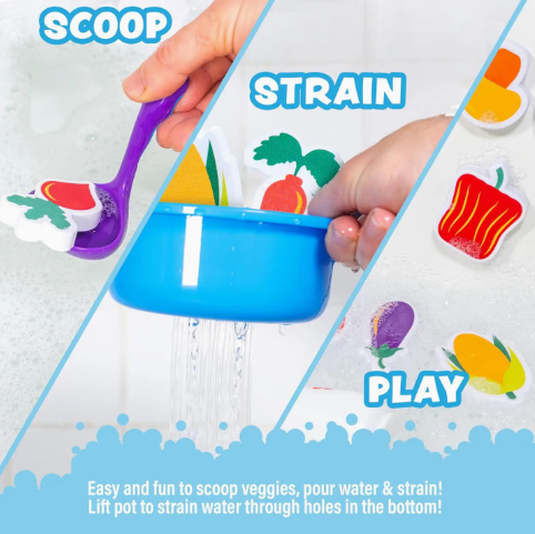 A child scoops foam veggies with a purple spoon and strains them in a blue pot using the TubWorks Tub Works® Tub Soup™ Scoop, Strain & Play Toddler Bath Toy. Colorful foam vegetables inspire imaginative play. Text: Scoop, Strain, Play.