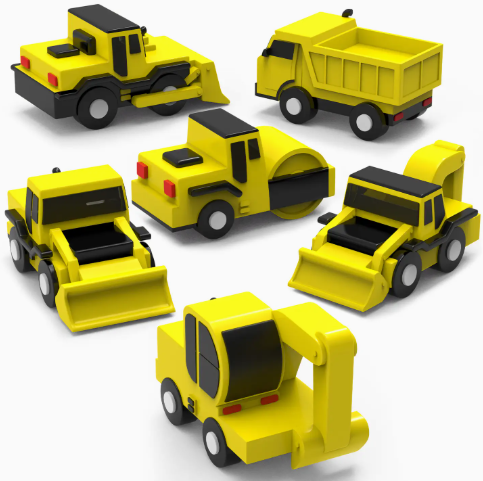 Six TubWorks Tub Works® Construction™ Trucks Mold Free Bath Toys (6 pack) by TubWorks, featuring a bulldozer, dump truck, steamroller, front loader, and excavator, are displayed on a white background.