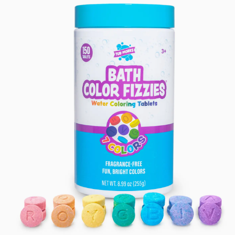 A container of TubWorks Tub Works® Bath Color Fizzies™, 150 Count, features colorful water coloring tablets. Seven rainbow fizzies are displayed in front, with the label reading Bath Color Fizzies, Water Coloring Tablets, 7 Colors.